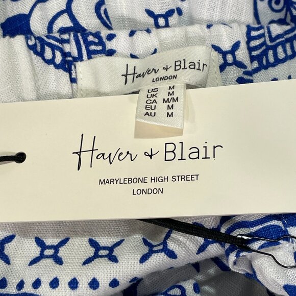 HAVER & BLAIR (NWT) Woven Wide Leg Pull On Crop Linen Blend Pants, BLU/WHT - M - Picture 5 of 8